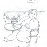 Illustration Polychromos Buntstifte Faber Castell "dicke Frau am Strand" ... der Urlaub ist gelaufen