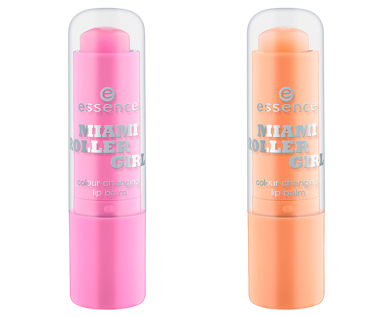 Produktfoto: essence "miami roller girl lipbalms" in den Farben 01 miami heat und 02 miami p´ink. Um 1,99 €*.