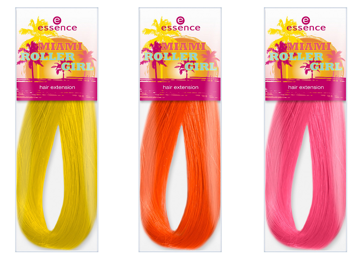 Produktfoto: essence "miami roller girl hair extensions in den Farben 01 bienvenido a miami, 02 miami heat und 03 miami p´ink. Um 1,49 €*.