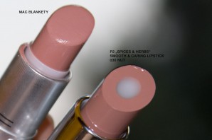 Links p2 "Spices & herbs"smooth caring lipstick 030 nut | rechts MAC Blankety