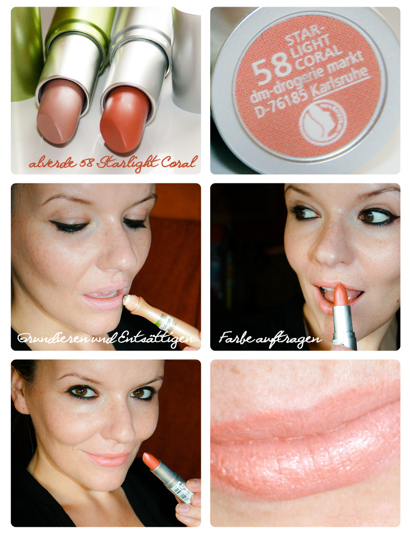 Tragefoto des alverde-Lippenstifts in der Farbe "58 STARTLIGHT CORAL"