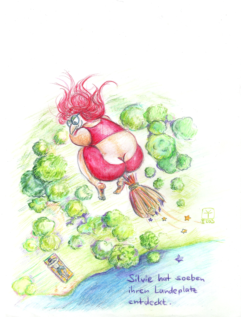 Illustration/Zeichnung "Silvie hat soeben ihren Landeplatz entdeckt" by Robina Hood/Theresa Kaufmann | Polychromos auf Papier 21 x 28cm